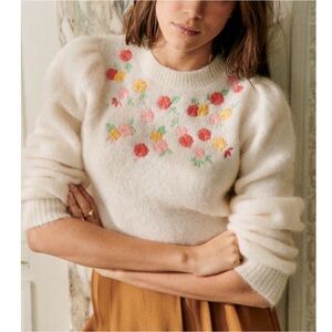 SEZANE Ecru Cream Pink Yellow Floral Embroidered Wool Knit Ombline Sweater XS/S